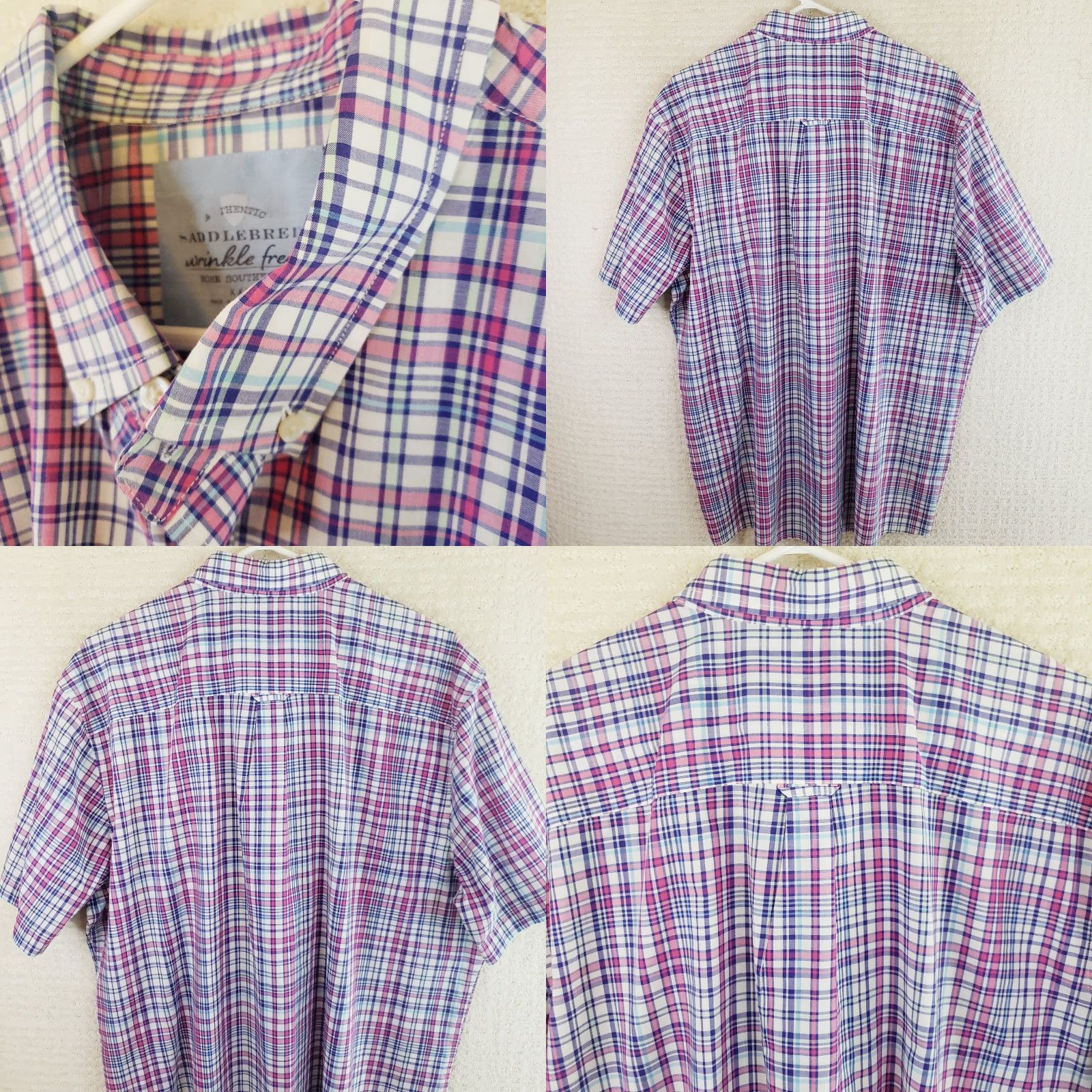 Born Saddlebred Shirt Mens XXL Pink Blue Plaid Regular Short Sleeve Button-Up Wrinkle Free Size US XL / EU 56 / 4 - 8 Thumbnail
