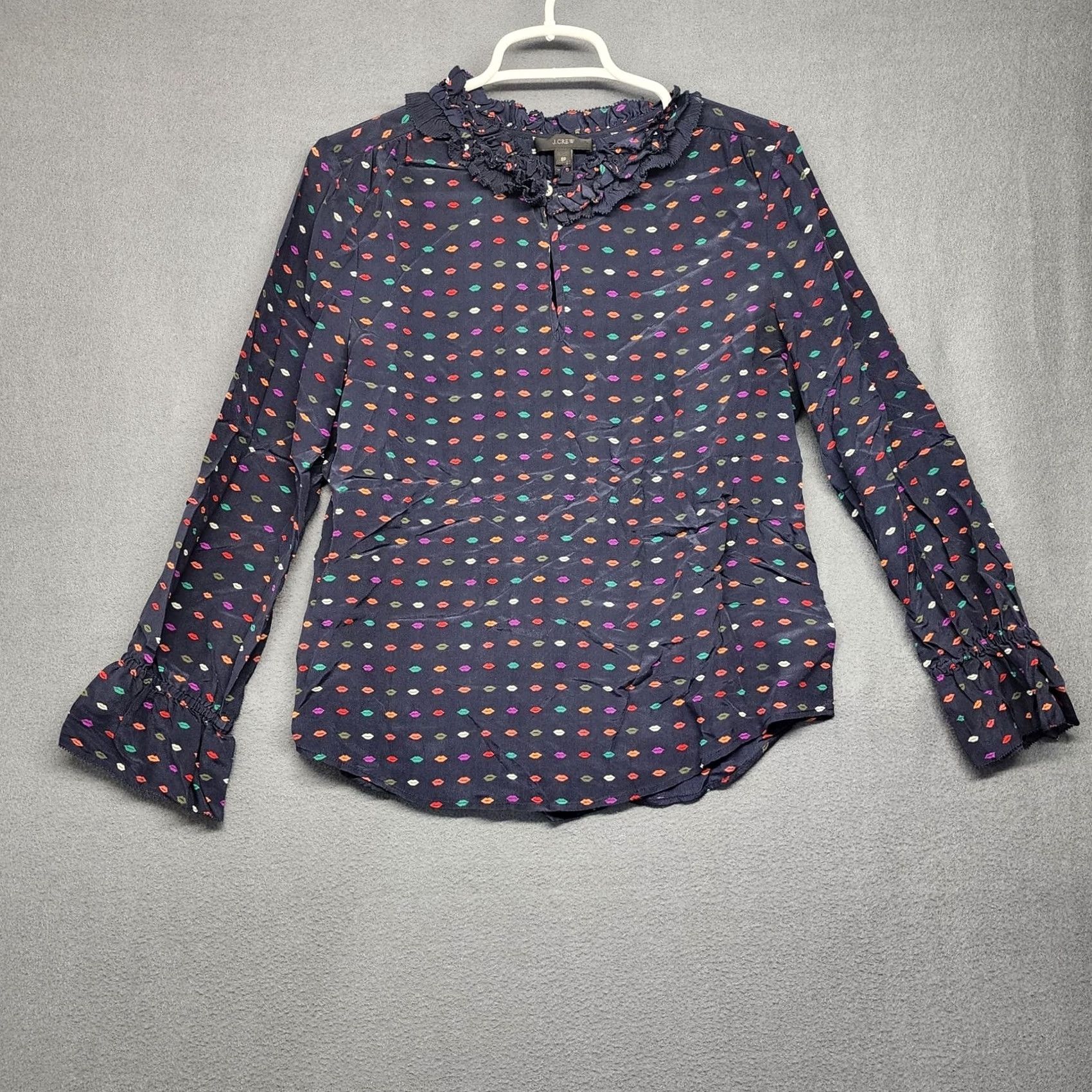 J.Crew J. Crew Blouse Navy Blue Silk Lip Print Long Sleeve 8P Petite Ruffle Button Shirt Womens Size M / US 6-8 / IT 42-44 - 2 Thumbnail