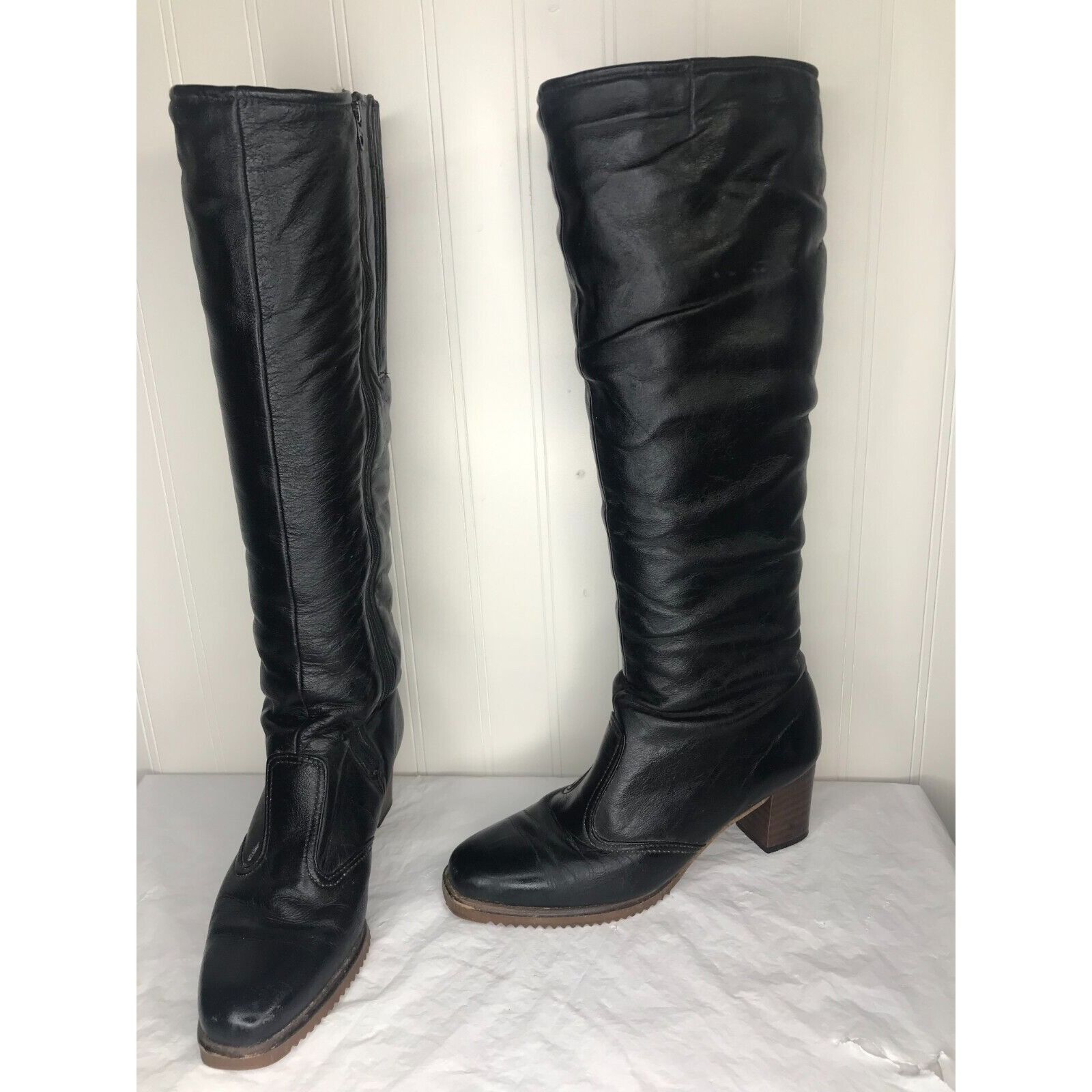 Vintage Vintage 1970s Cobbies Black Leather Block Heel Zipper Knee H Size US 6.5 / IT 36.5 - 1 Thumbnail