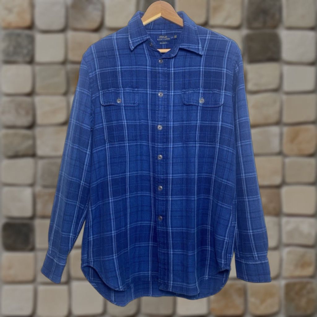 Polo Ralph Lauren Polo Ralph Lauren Men's Button-Up Shirt L Long Sleeve Flannel Plaid Blue Elbow Patches Casual Vintage–Classic, Americana, Designer Mens Size US L / EU 52-54 / 3 - 1 Thumbnail