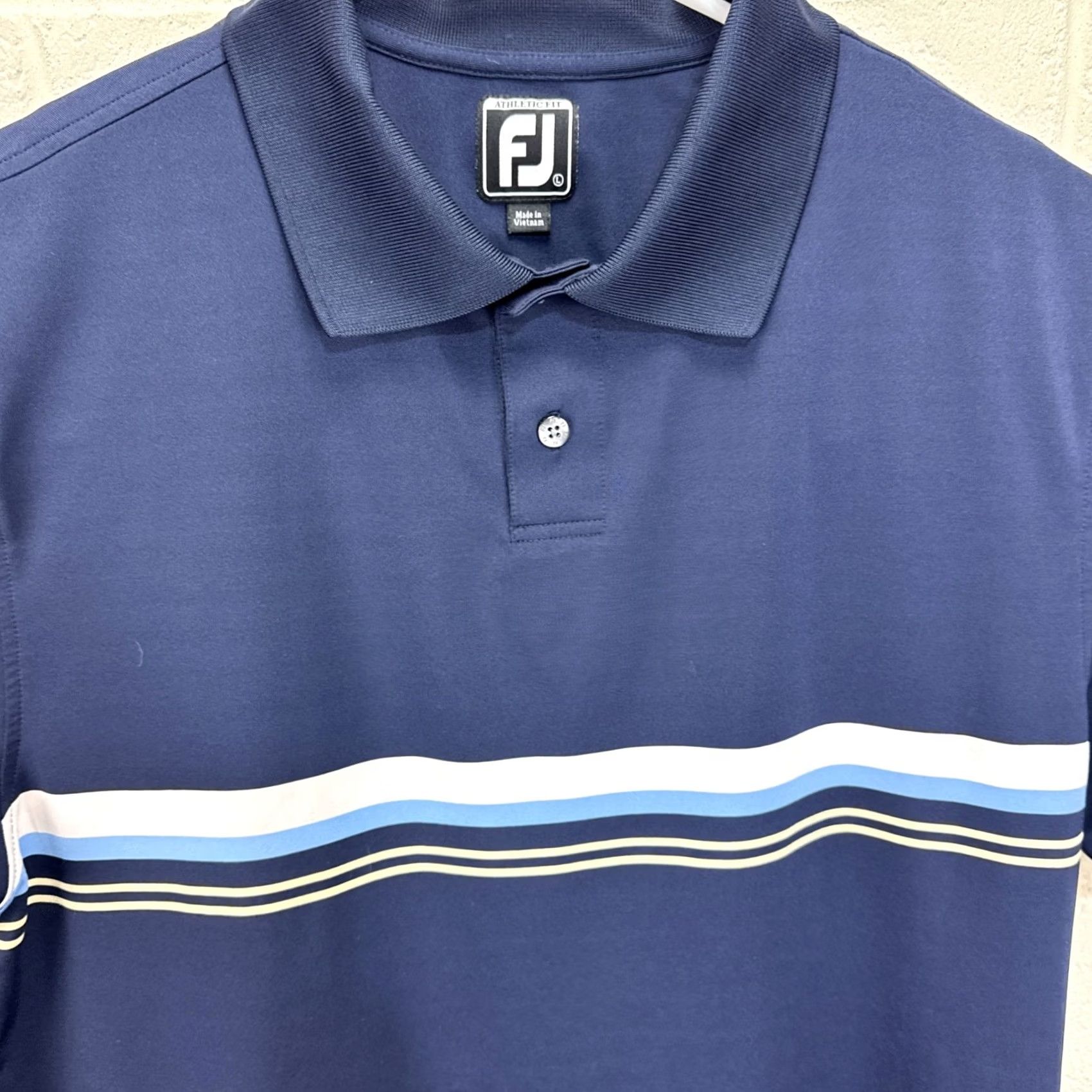Footjoy FootJoy Golf Polo Short Sleeve Shirt Men Large Blue Knit Embroidered Logo Striped Regular Fit Button-Up VINTAGE: No Size US L / EU 52-54 / 3 - 6 Thumbnail