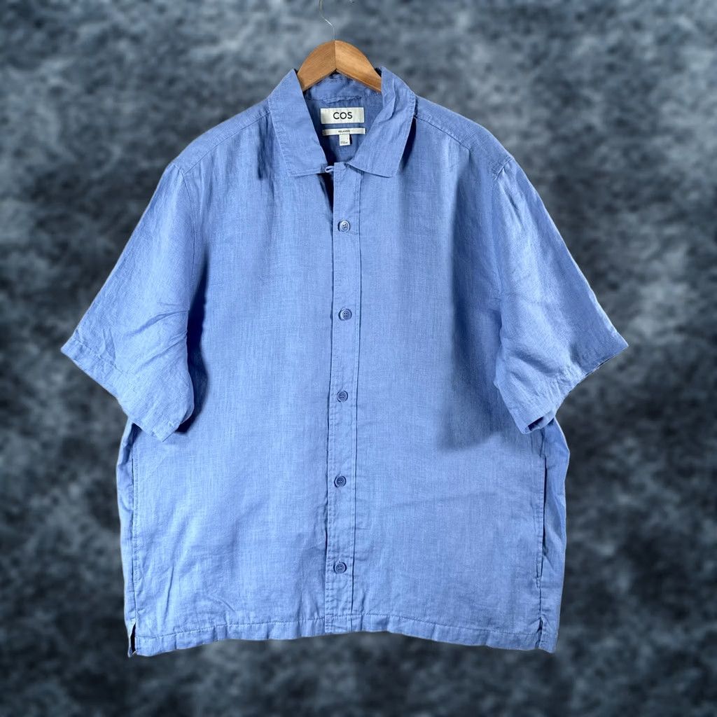 Cos COS Mens XL Hemp Shirt Blue Button-Up Relaxed Short Sleeve Pockets Size US XL / EU 56 / 4 - 1 Thumbnail