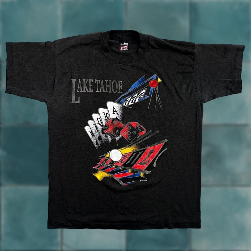 Fruit Of The Loom VINTAGE Lake Tahoe Casino Gambling T Shirt Black 1994 90s FT L Men Crew Neck Short Sleeve Fruit of the Loom Poker Cards Size US L / EU 52-54 / 3 - 1 Thumbnail