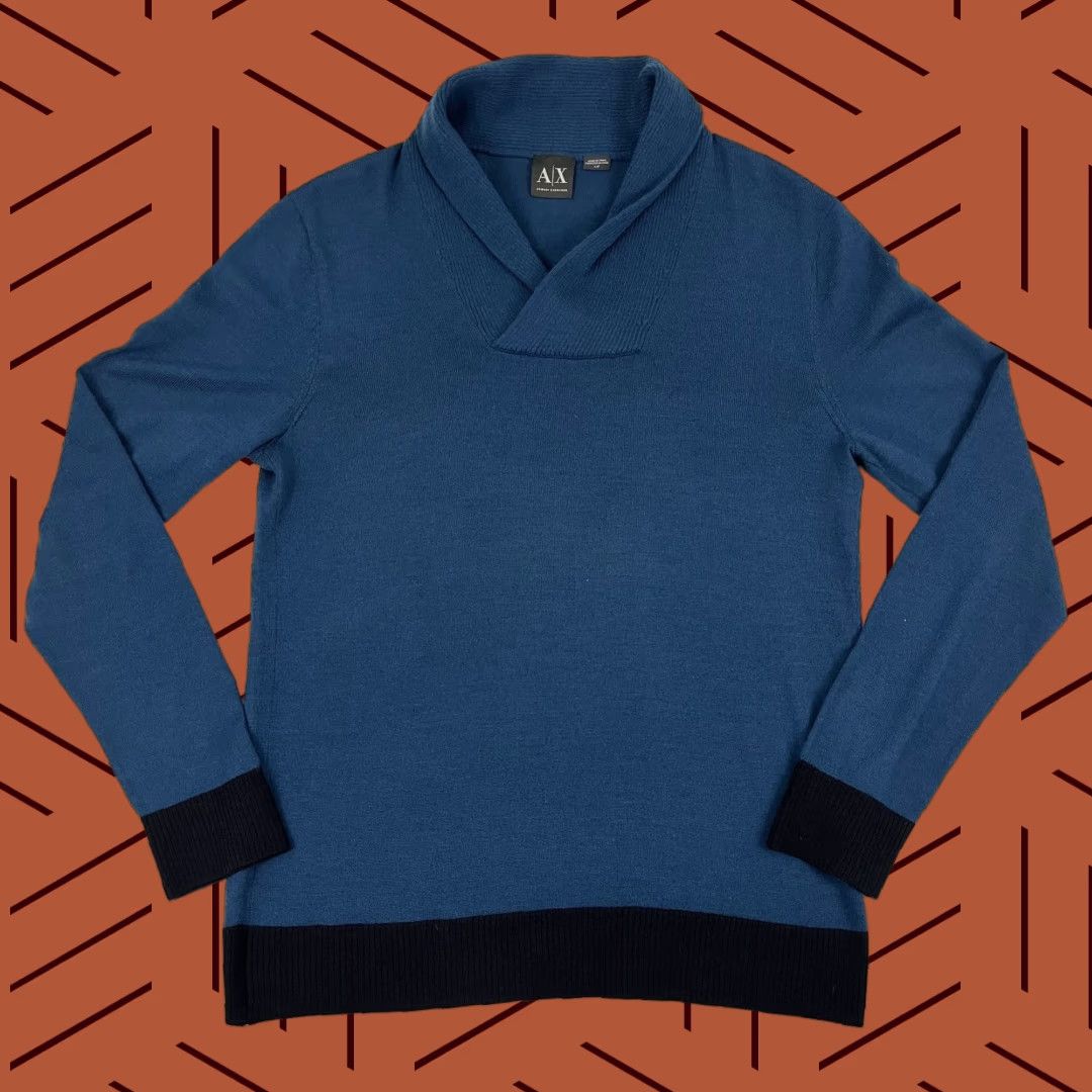 Armani Exchange Sweater Mens Large Wool Blend Blue Shawl Collar Preppy Old Money