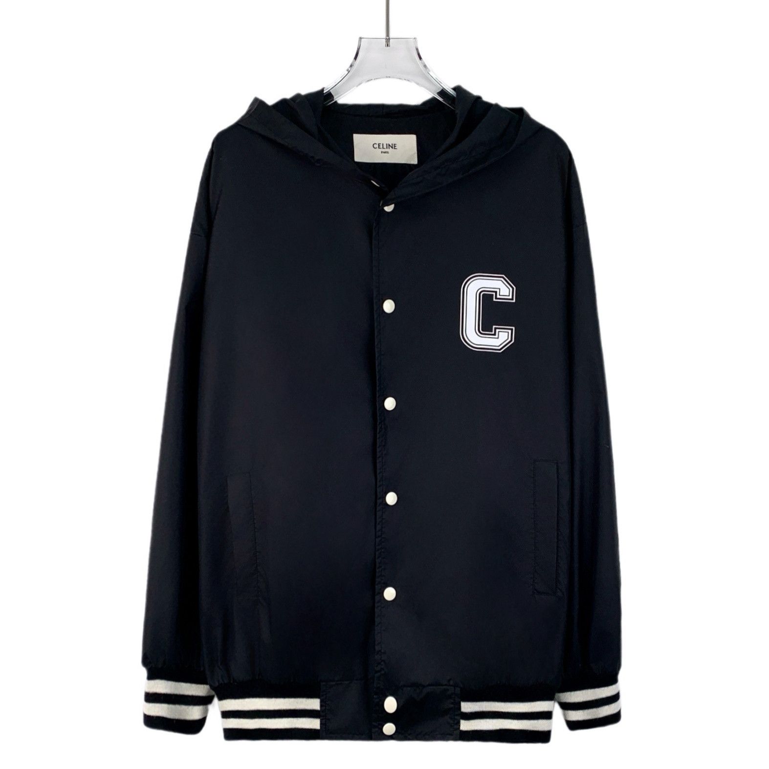 Celine Black Striped Logo Print Hooded Jacket (Size 36)