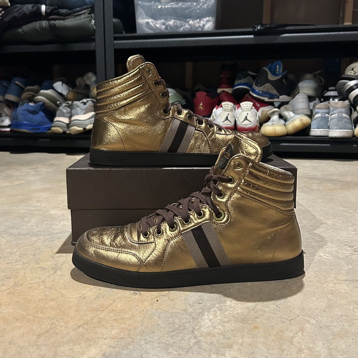 Designer × Gucci Gucci Nappa Silk Metallic Gold Web Stripe High Top Sneakers Size US 13 / EU 46 - 1 Thumbnail