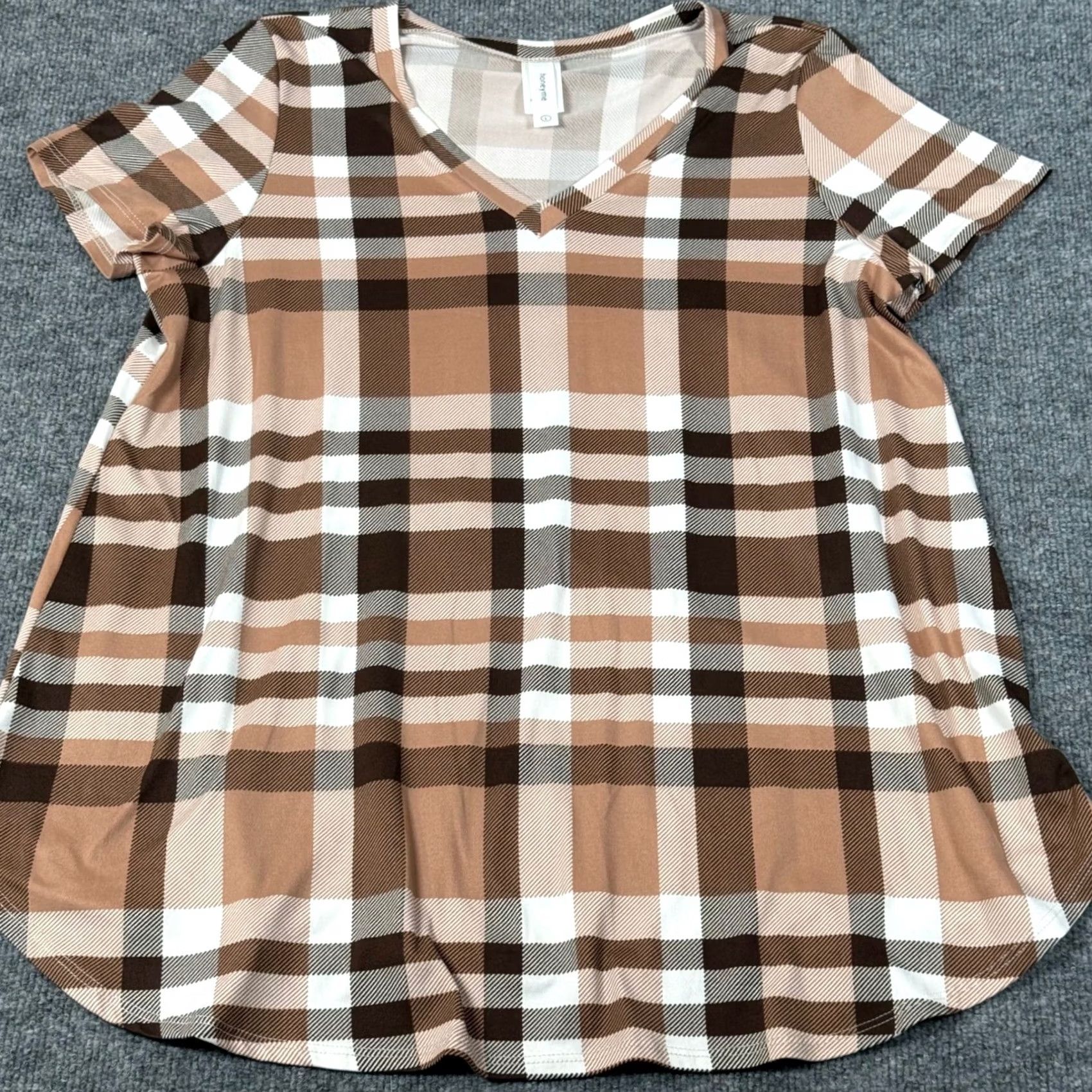 Vintage Honeyme Plaid Tunic Top Brown Large V Neck SS Stretchy Fall Fashion Relaxed Fit Size L / US 10 / IT 46 - 2 Thumbnail