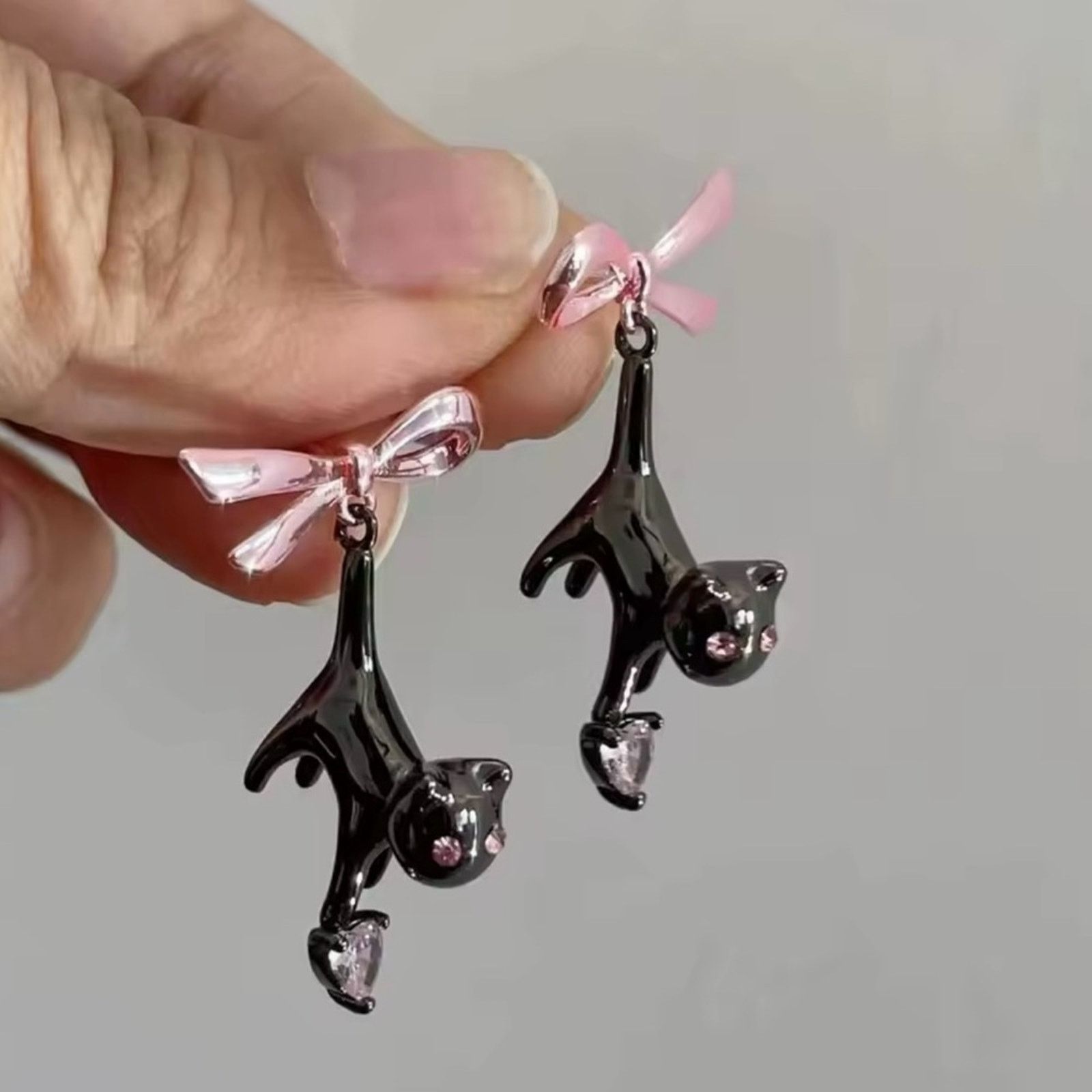 Other Black kitten Pink Heart Rhinestone Bow Drop Earring Size ONE SIZE - 3 Thumbnail