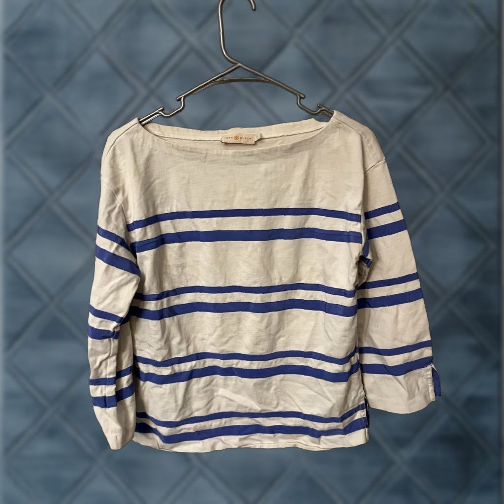 Tory Burch Tory Burch Womens Cotton Striped Boat Neck Long Sleeve Basic Top White Size S Size S / US 4 / IT 40 - 1 Thumbnail