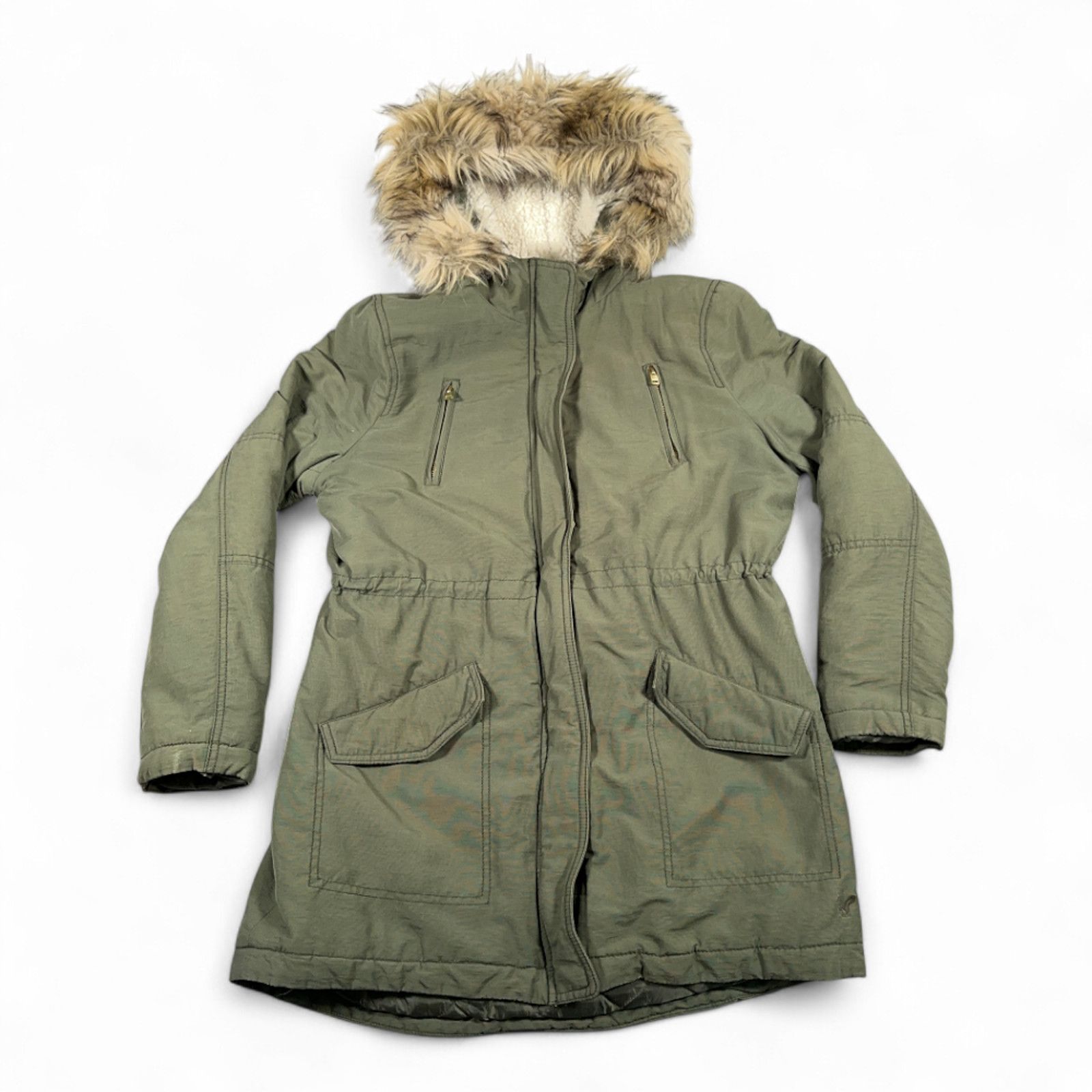 American Eagle Coat Womens Green Parka Sherpa Fur Hood Army