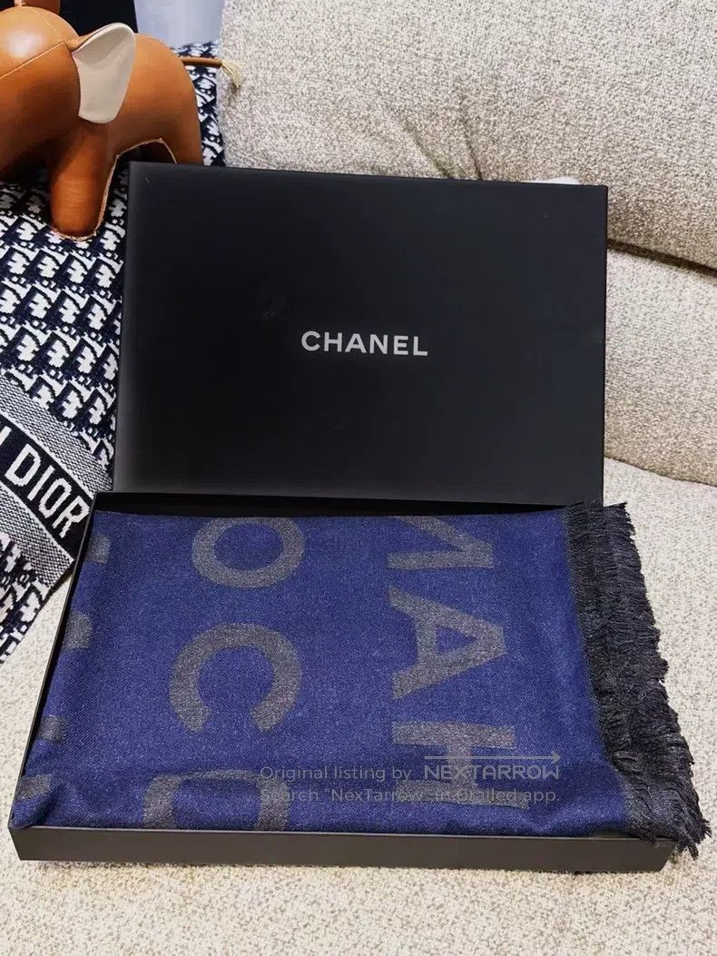 Chanel Chanel Dark blue and gray letter cashmere silk scarf Size ONE SIZE - 1 Thumbnail