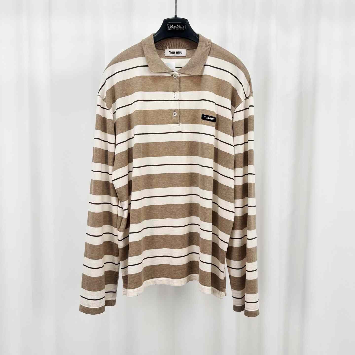 Miu Miu Miu Miu 25SS Beige Stripe Embroidered Polo Size S / US 4 / IT 40 - 1 Thumbnail