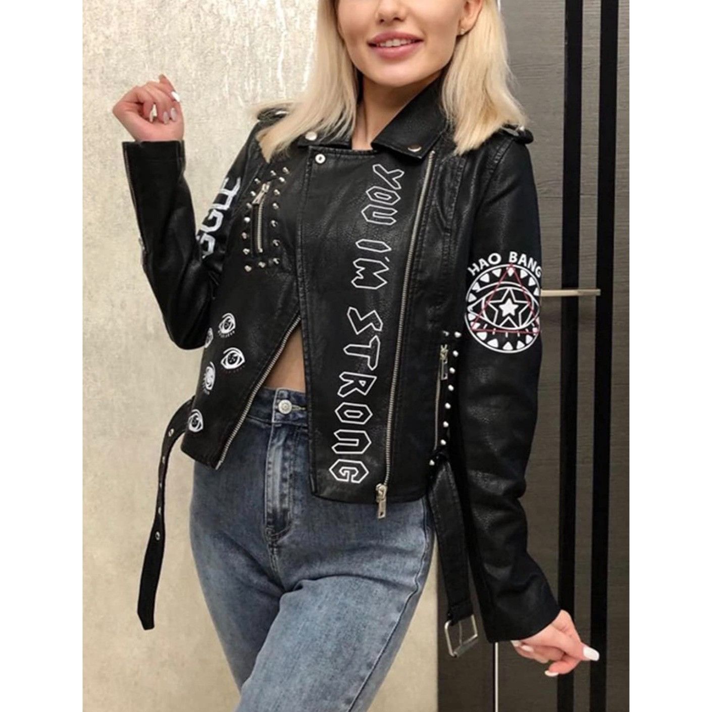 Other Black Punk Rock Graphic Studded Belted Vegan Leather Jacket Size M / US 6-8 / IT 42-44 - 5 Thumbnail