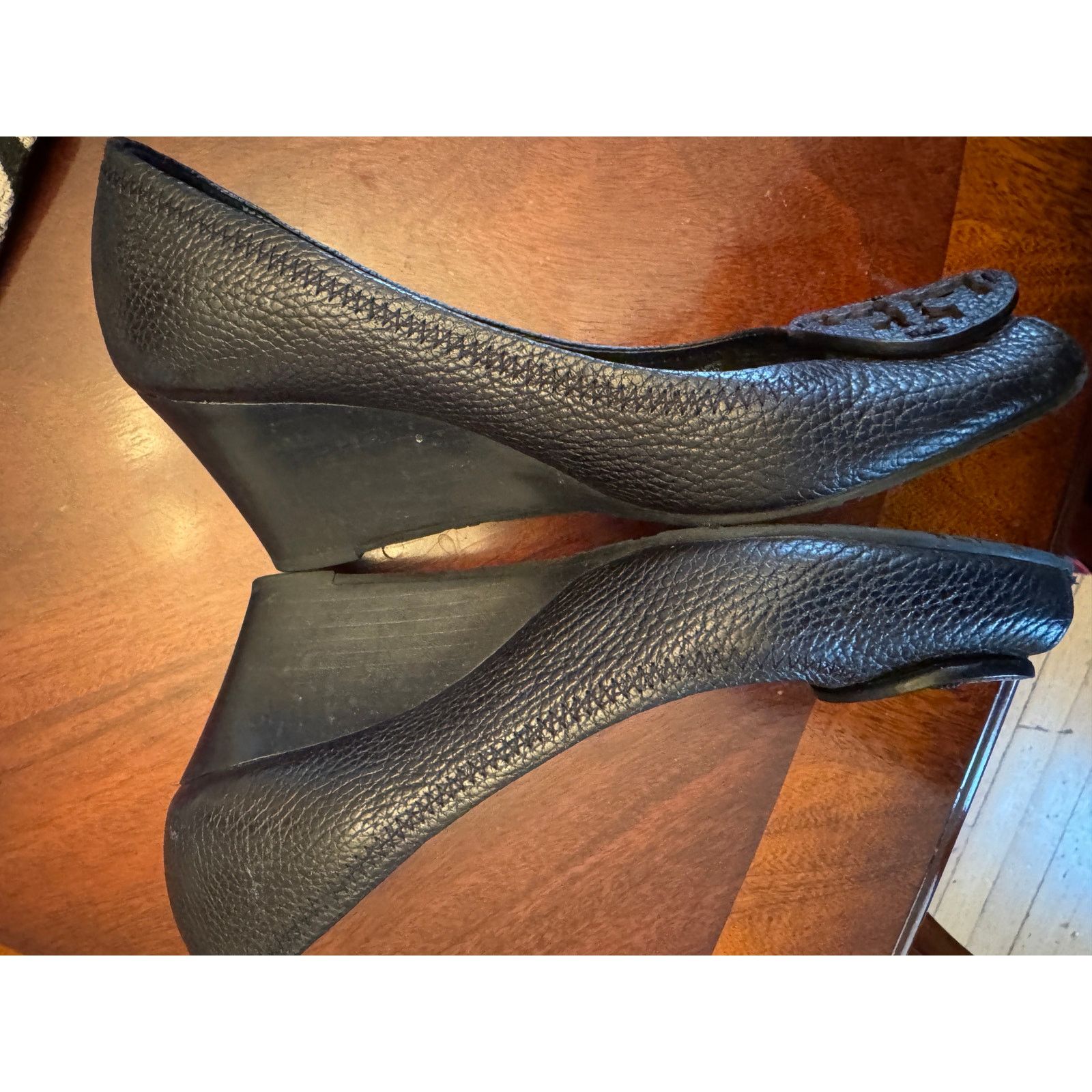 Tory Burch Tory Burch Black Peek Toe Leather Wedges Size 8M Size US 8 / IT 38 - 3 Thumbnail