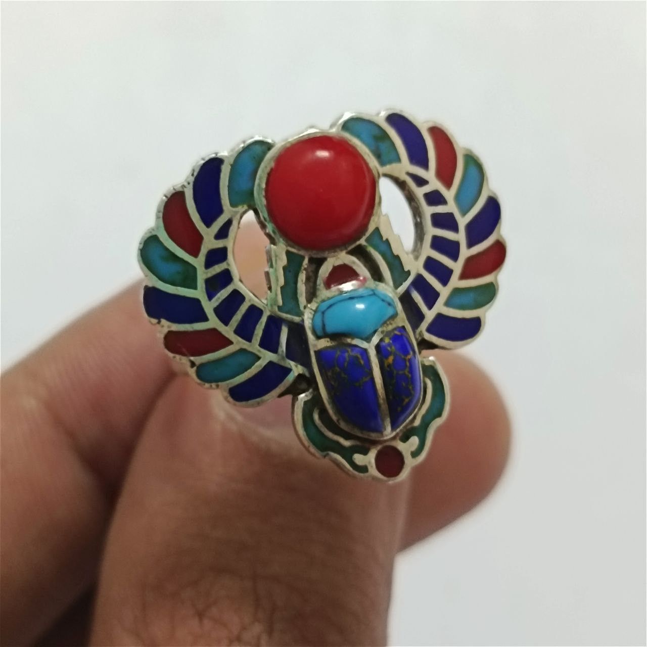 Sterling Silver 925 silver adjustable ring with scarab, turquoise, coral Size ONE SIZE - 2 Thumbnail