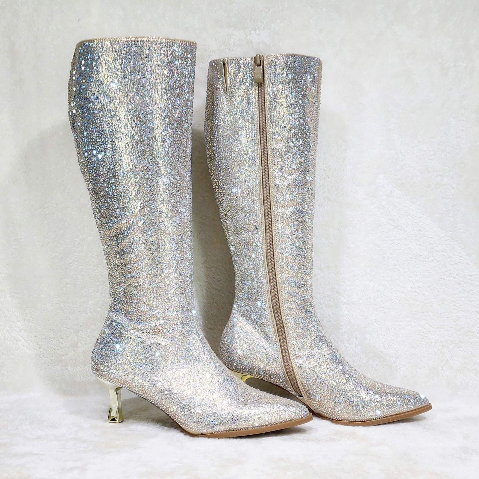 Other Gold Rhinestone Knee Boots 2.5" Kitten Heels Wide Friendly Size US 7 / IT 37 - 7 Thumbnail