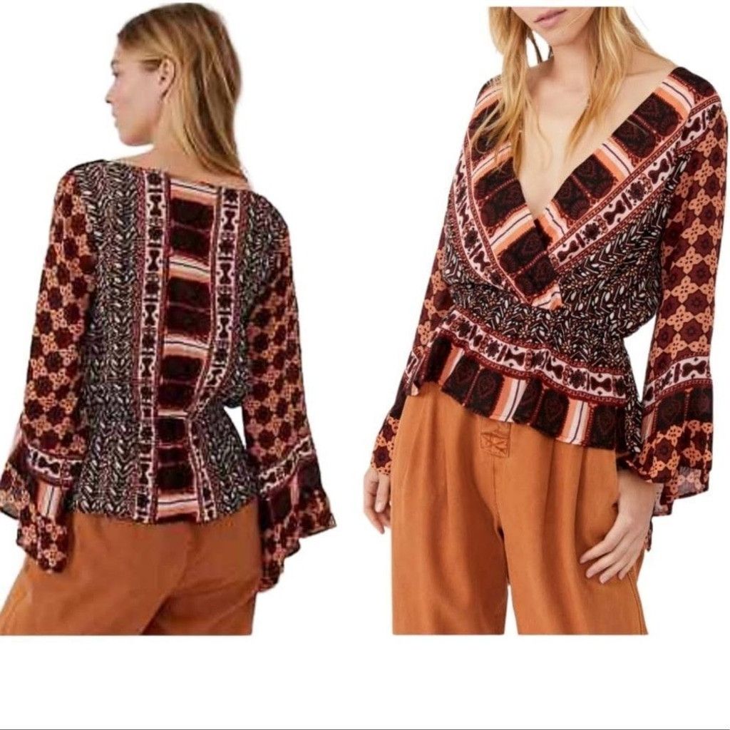 Free People NEW Free People Rosalie Coral Print Wrap Blouse Size XS Size XS / US 0-2 / IT 36-38 - 2 Thumbnail