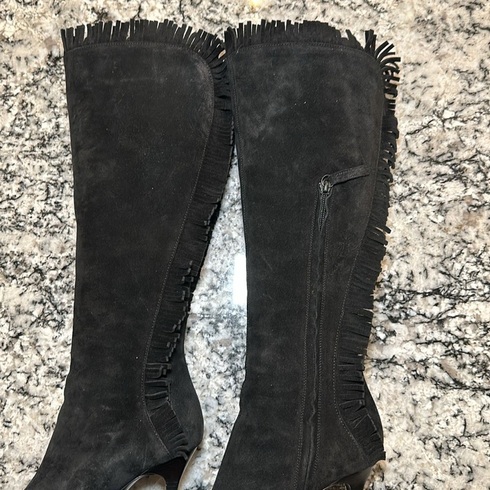 St. John Suede Fringe Knee High Heeled Boots - 7B