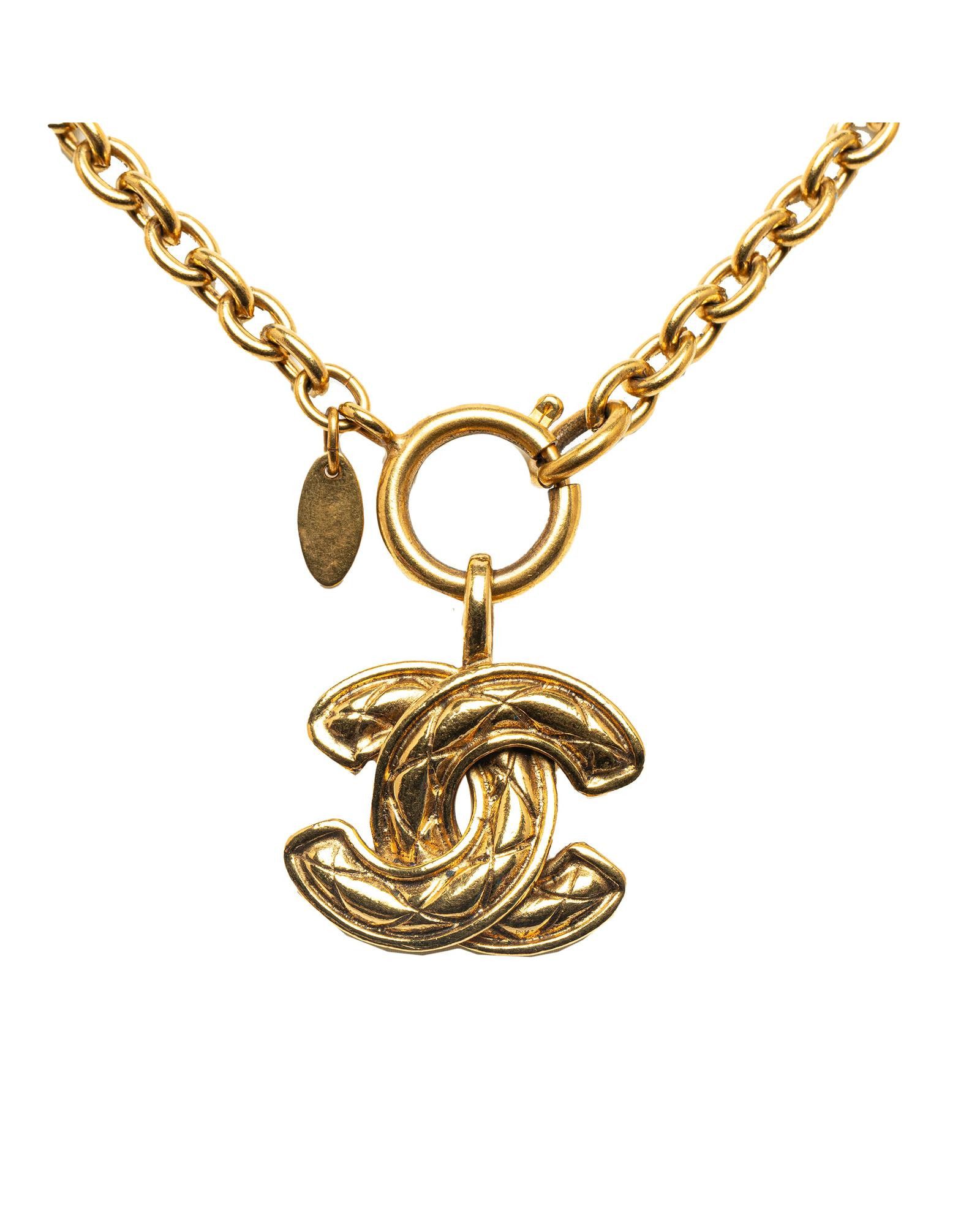 image of Chanel Gold-Tone Quilted Pendant Necklace, Women's