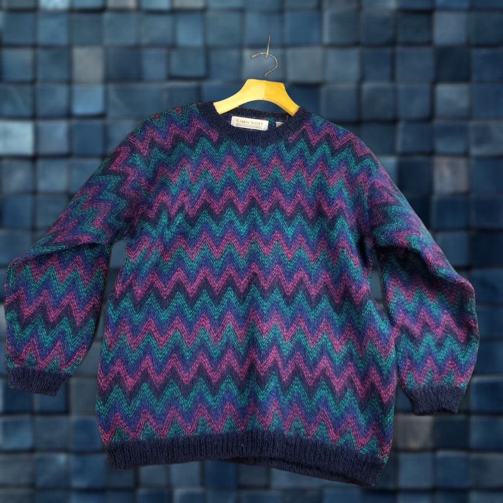 Vintage VINTAGE Karen Scott Mohair Sweater Medium Purple Blue Chunky-Knit Geometric 80s Boho Womens Size M / US 6-8 / IT 42-44 - 1 Thumbnail