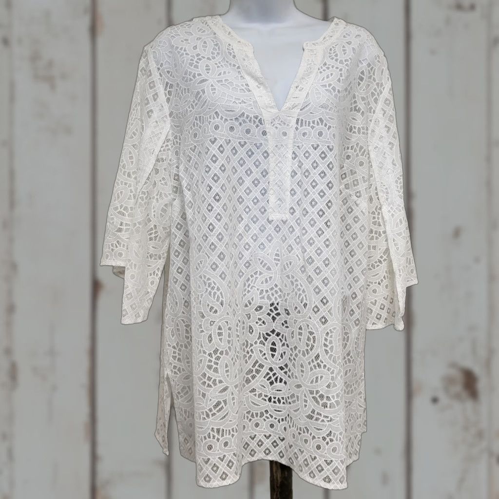 Vintage Unbranded Blouse Women's Large White Lace V-Neck Flutter 3/4 Sleeve Beach Cover Up Tunic Shirt Size L / US 10 / IT 46 - 1 Thumbnail