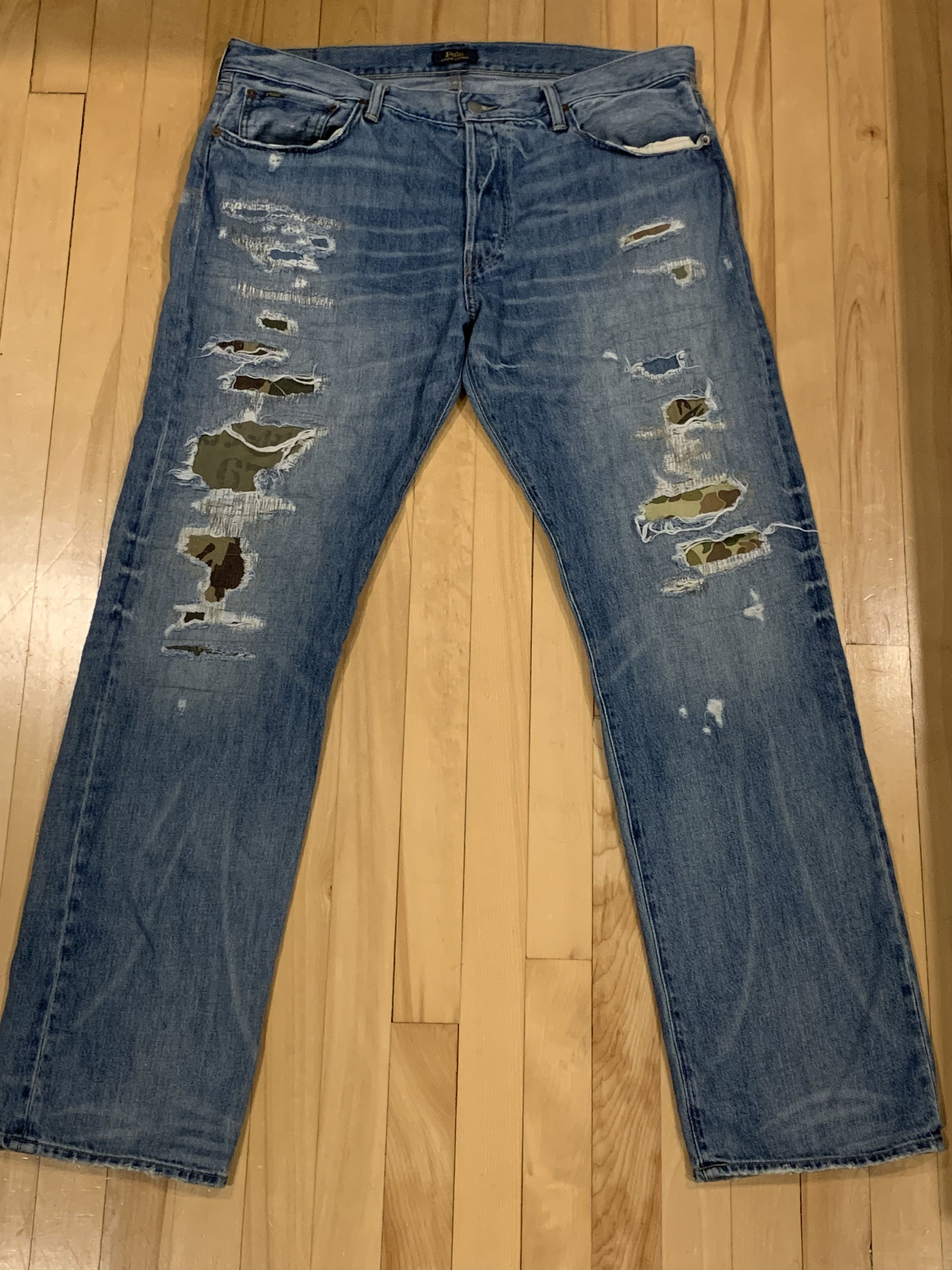 image of Polo Ralph Laurent Distressed Patchwork Camo Jeans in Denim, Men's (Size 36)
