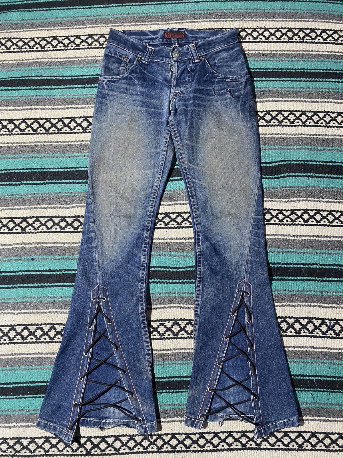 If Six Was Nine 2000s Johnbull Kojima Japan - Lace Up Spiral Cut Denim Pants Size US 31 - 1 Thumbnail