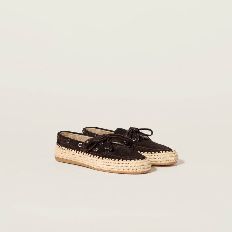 Miu Miu o1B3y1r0526 Suede And Raffia Boat Shoes in Brown Size US 9 / IT 39 - 2 Thumbnail