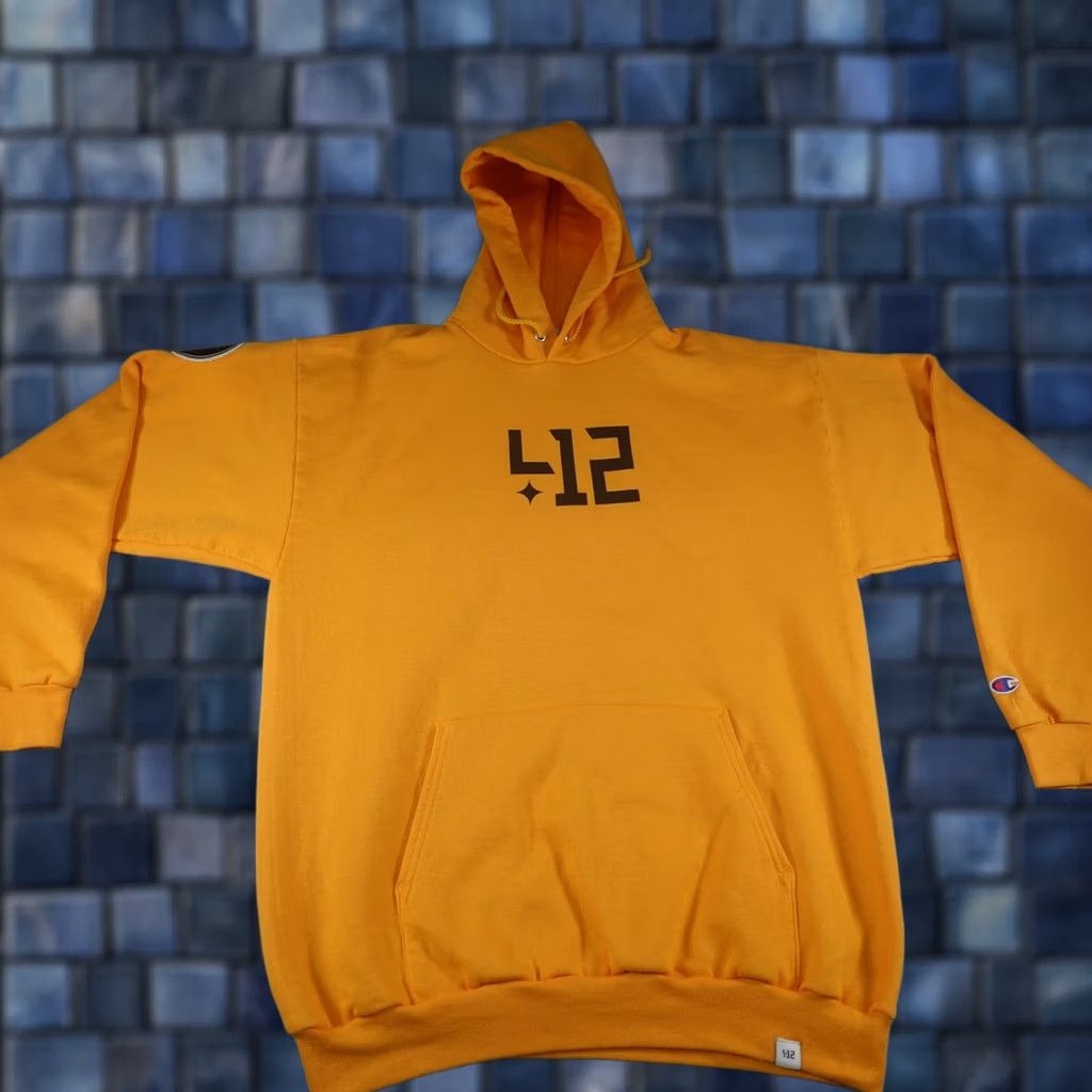 Champion VINTAGE? No. Four One Two Champion Hoodie Mens Large Yellow 412 X Champion Pittsburgh -> rearranged per rules not including new. Size US L / EU 52-54 / 3 - 1 Thumbnail