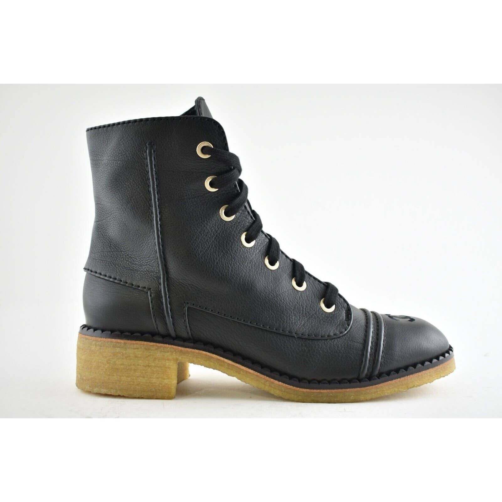 Chanel 20P Black Calfskin Leather CC Combat Lace Up Biker