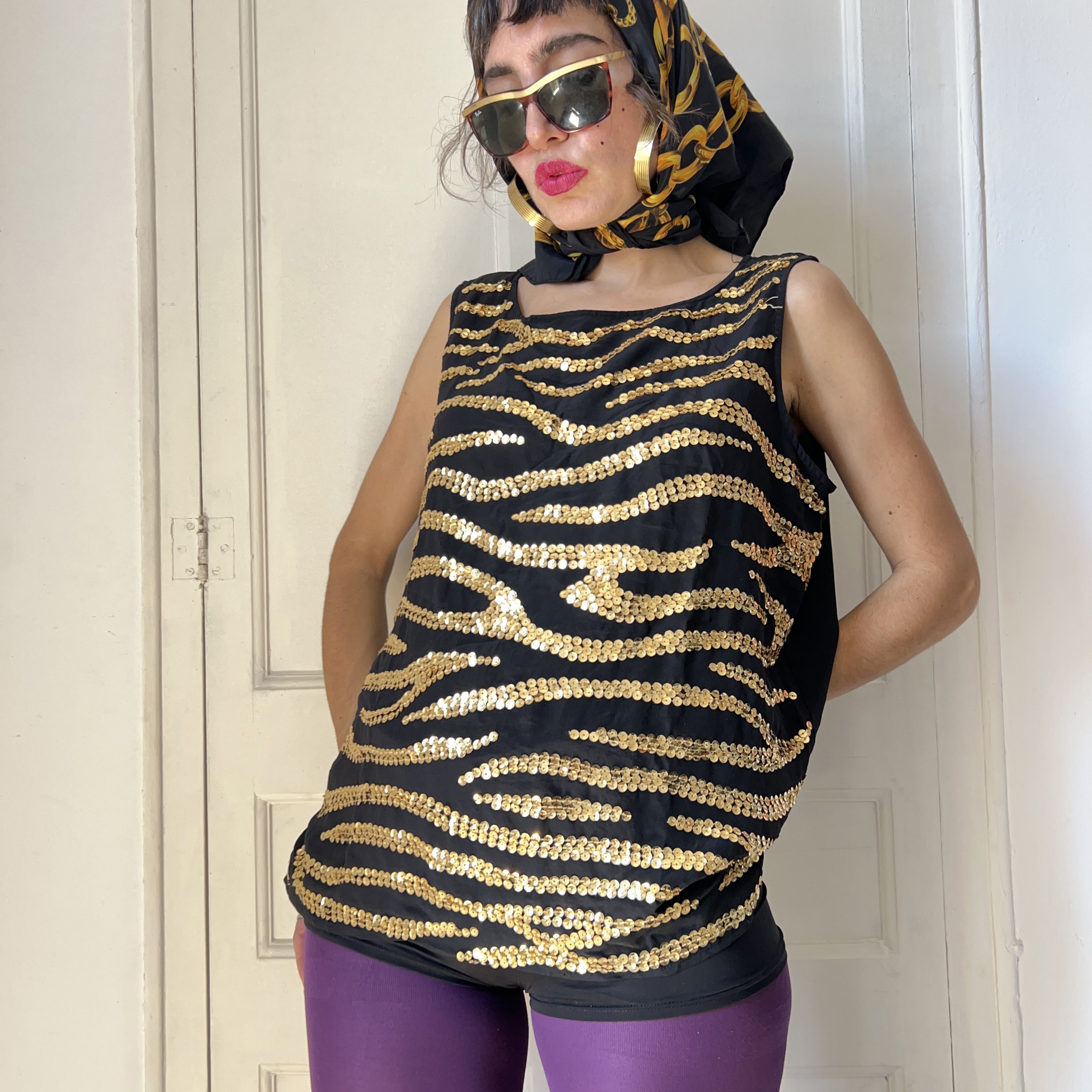 Vintage Vintage Silk Sequin Top, Black Gold Zebra Print Size L / US 10 / IT 46 - 3 Thumbnail