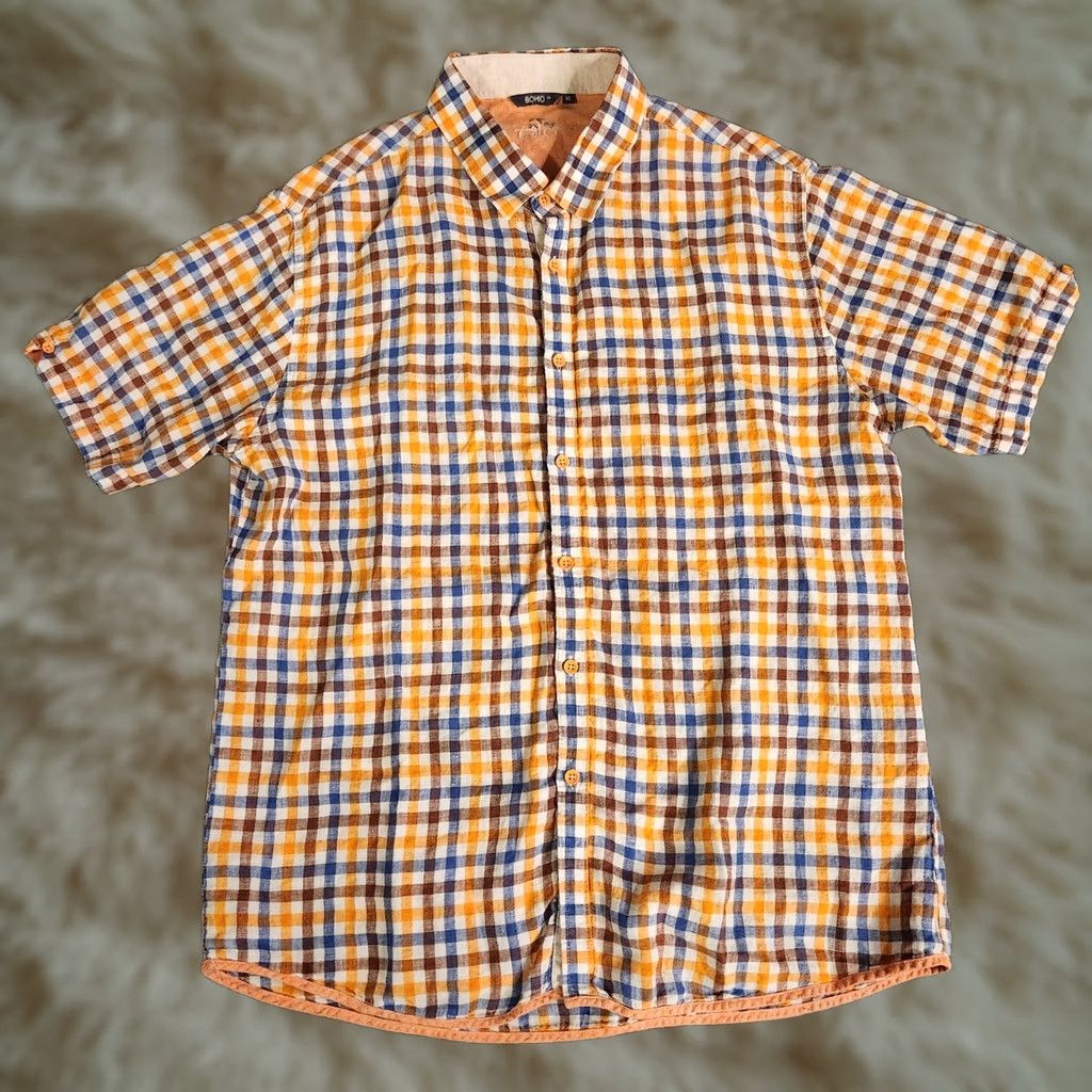 Vintage Bohio Shirt Mens XL Linen Short Sleeve Orange Blue Plaid Light Weight Beach Size US XL / EU 56 / 4 - 1 Thumbnail