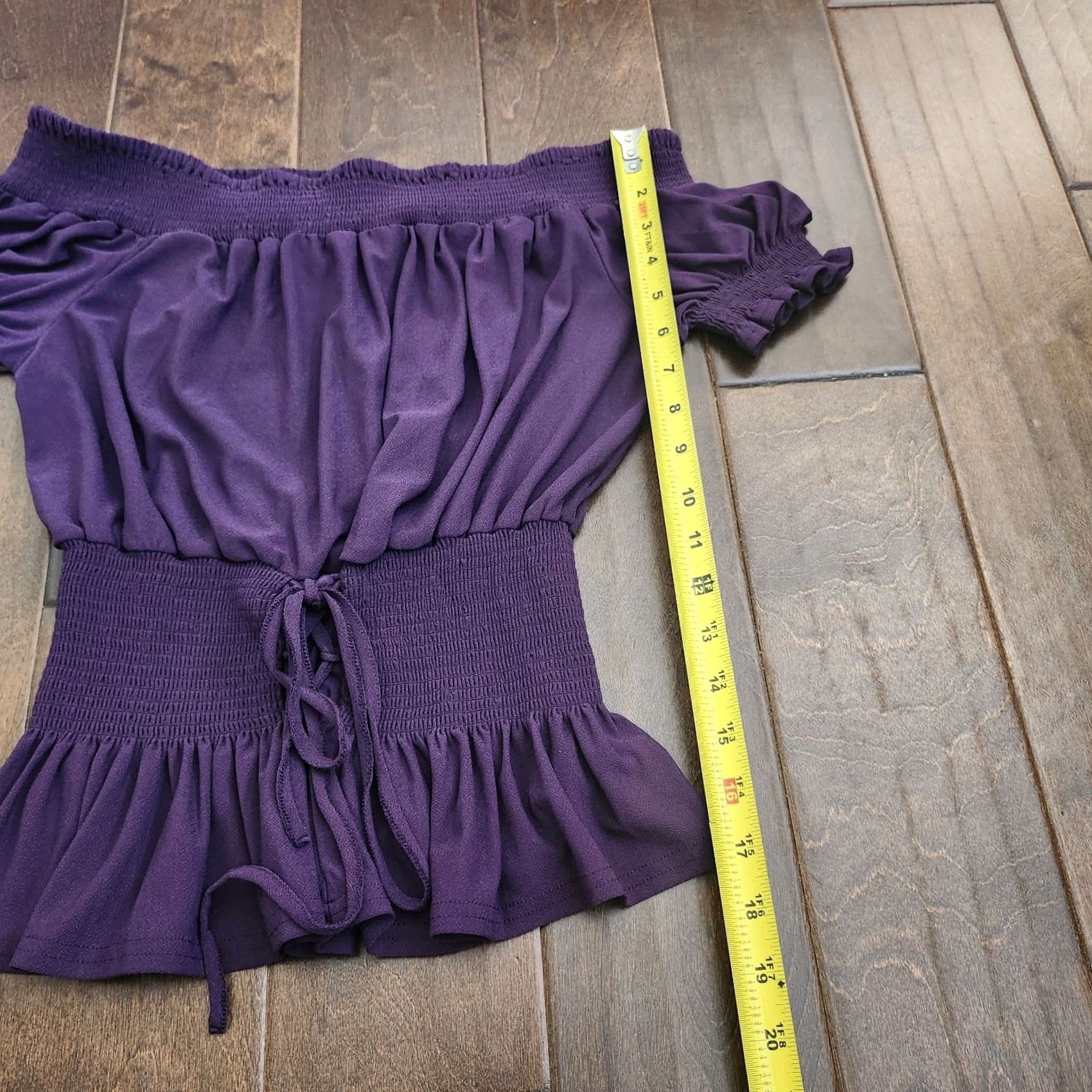 Vintage Sweet Wanderer Purple off Shoulder Top Short Sleeve L Juniors Elastic Waist Zig Zag Laced Up Bow Tie Blouse Size L / US 10 / IT 46 - 7 Thumbnail