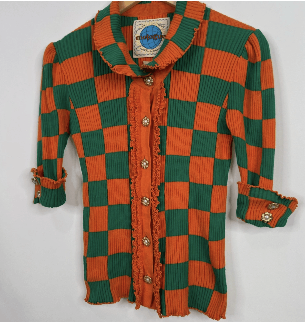 Other Motoguo Orange Green Checkered Ribbed Knit Ruffle Cardigan Size S / US 4 / IT 40 - 5 Thumbnail