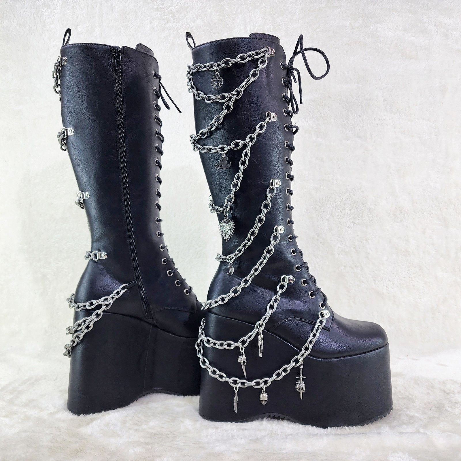 Other Black Goth Knee Boot 6 " Wedge Platform Chains Charms Size US 9 / IT 39 - 1 Thumbnail