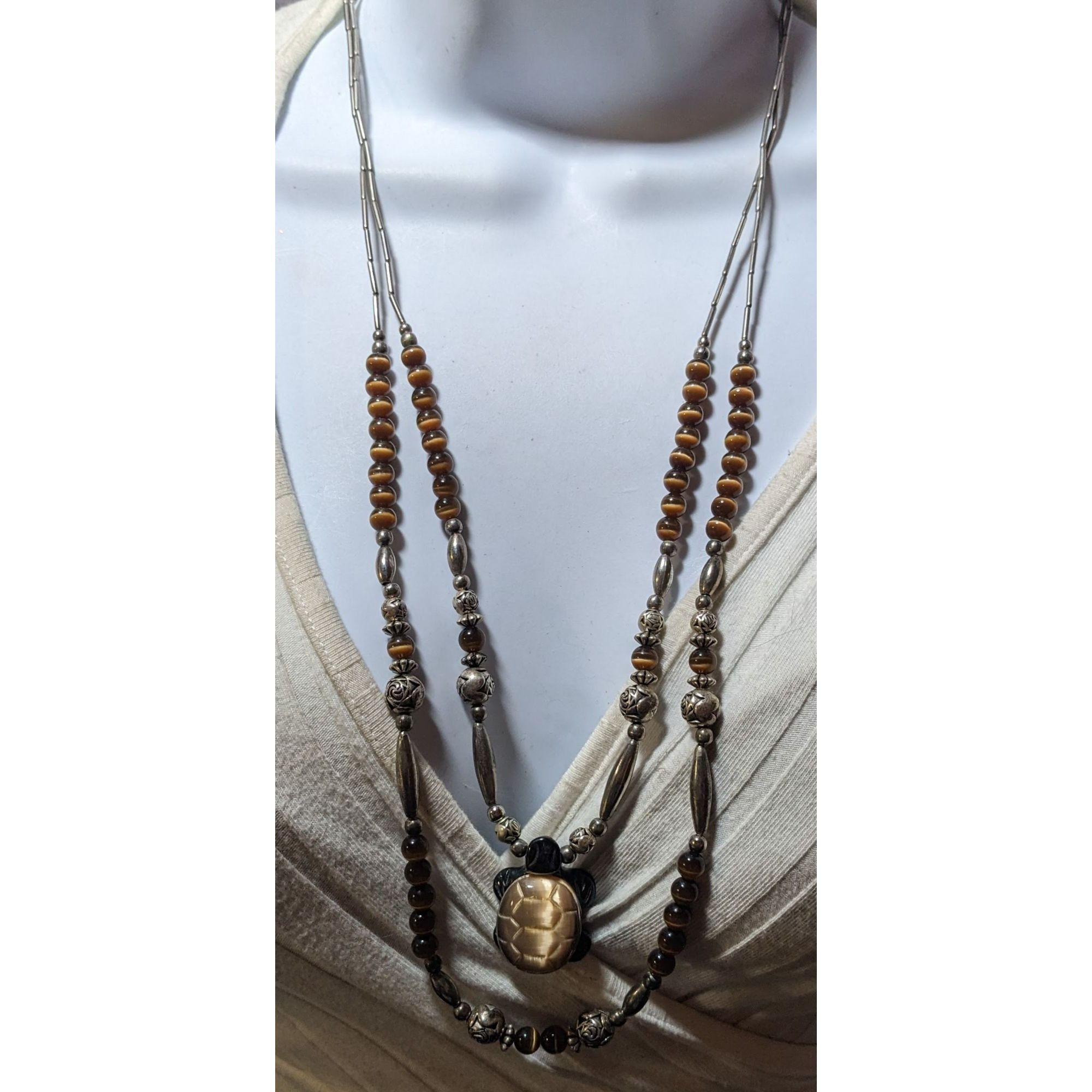 Other Vintage Liquid Silver Brown Cateye Beaded Multilayer Carved Size ONE SIZE - 8 Thumbnail