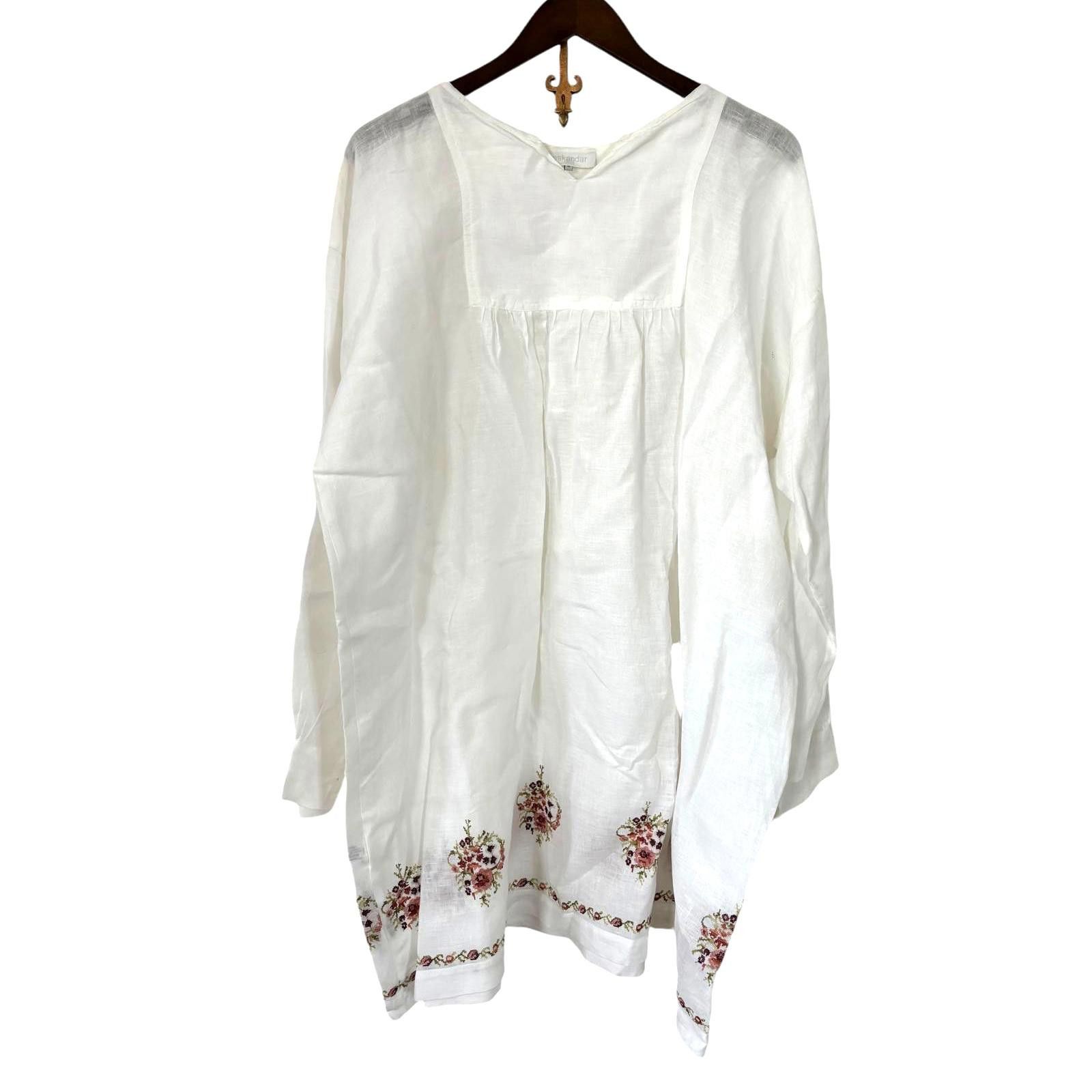 Eskandar Sz 0 ROSE FLORAL Embroidered White Tunic Shirt Top