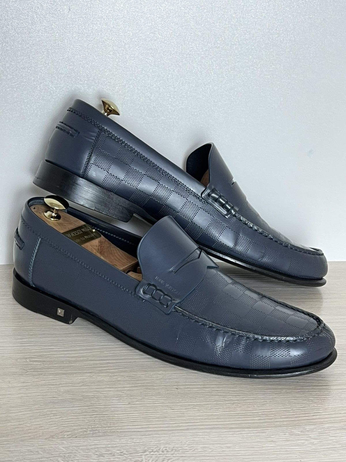 Louis Vuitton Louis Vuitton Damier Embossed Leather Penny Loafers Blue 10 Size US 10 / EU 43 - 1 Thumbnail
