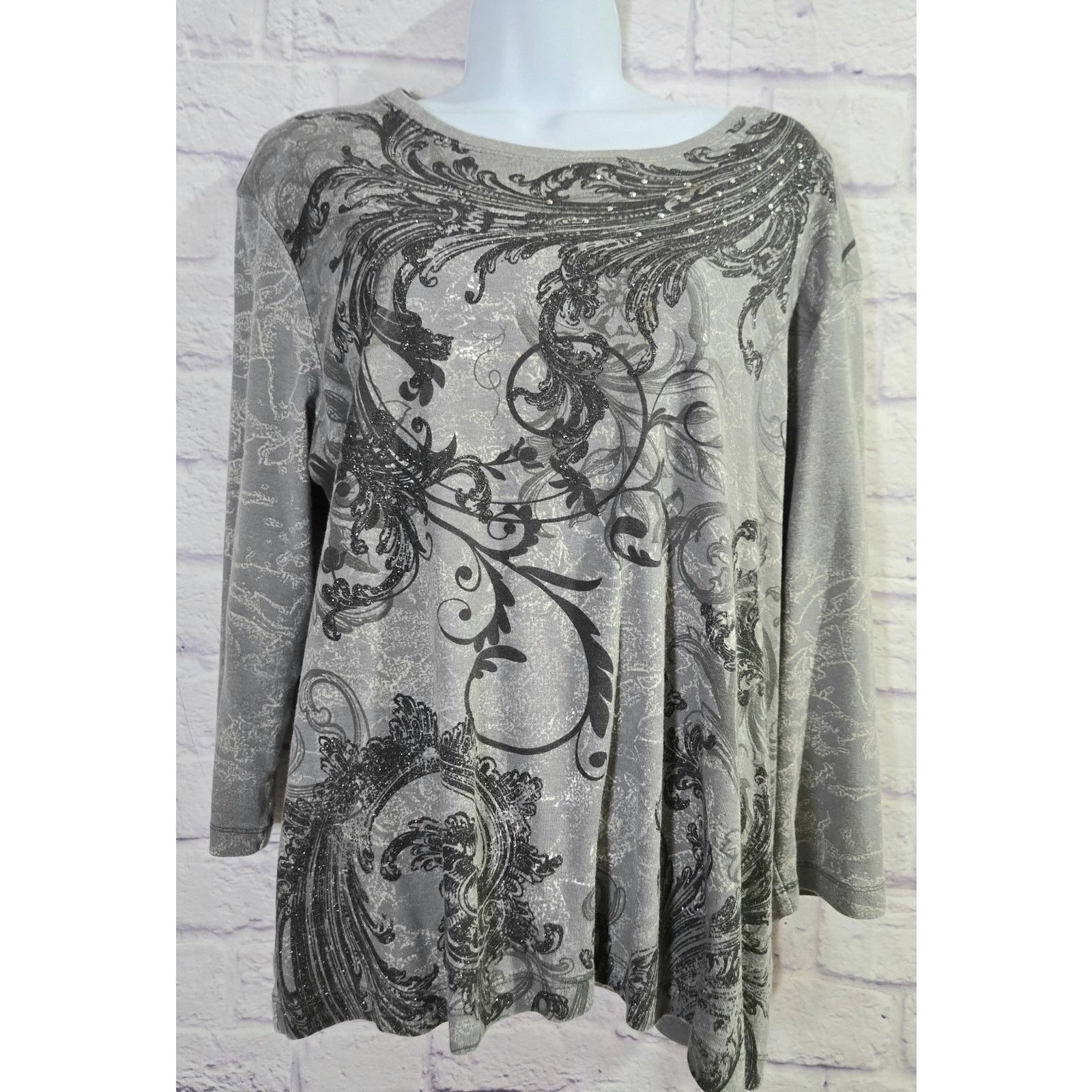 Other Nicole Miller Black Gray Floral Print Top XL 3/4 Sleeves Size XL / US 12-14 / IT 48-50 - 1 Thumbnail