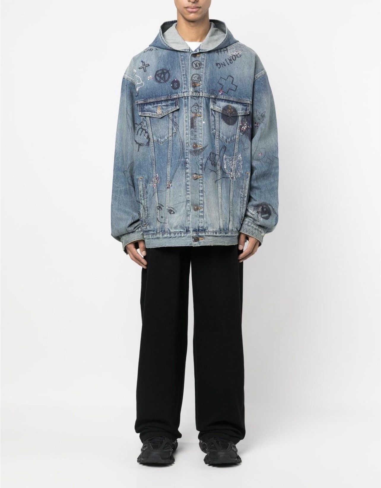 Balenciaga Scribble Hooded Denim Jacket Size US L / EU 52-54 / 3 - 4 Thumbnail