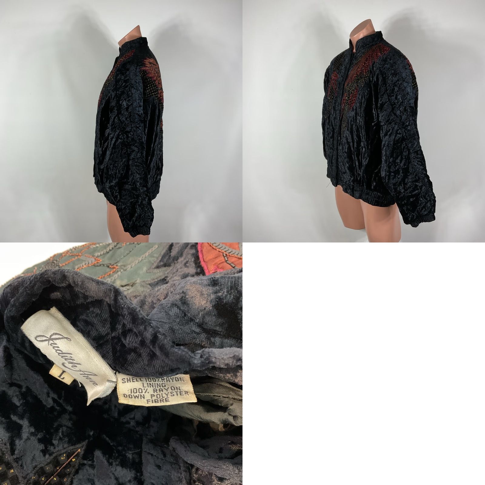 VINTAGE Judith Ann Creations VTG 80s Beaded Sequin quilted crushed velvet bomber jacket Jacket L Black Womens