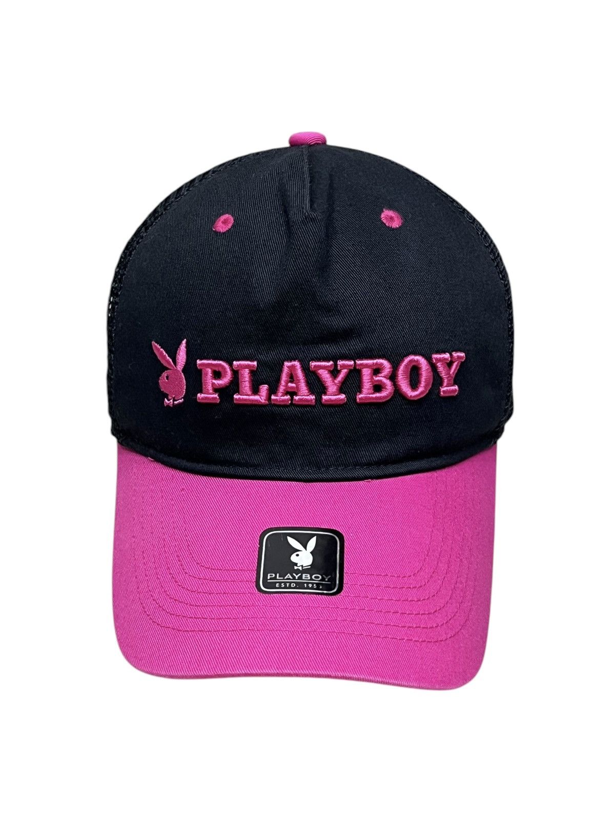 🐇Vintage PLAYBOY Embroidery Spellout Black Pink Trucker Hat