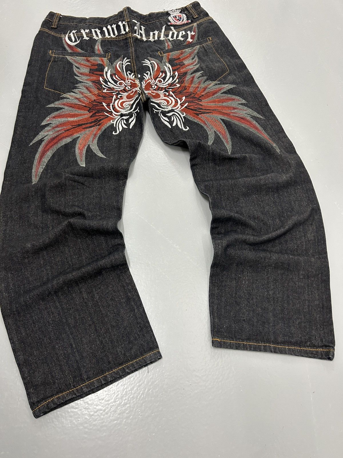 Crazy vintage y2k affliction style baggy wing cross jeans