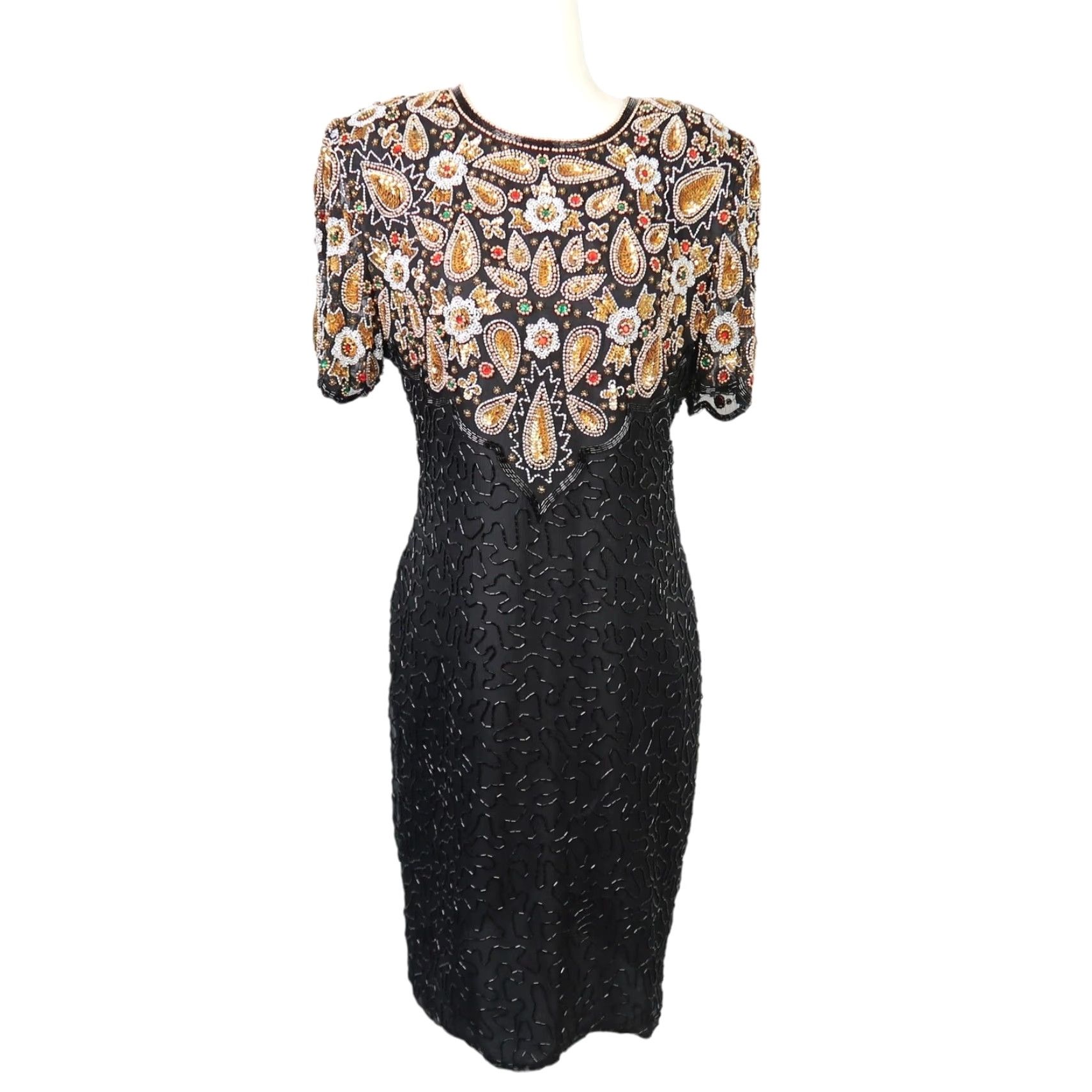 Vintage VINTAGE Laurence Kazar Cocktail Dress Silk Beaded Sequin Black Gold M Adults Women (1980s) Size M / US 6-8 / IT 42-44 - 2 Thumbnail