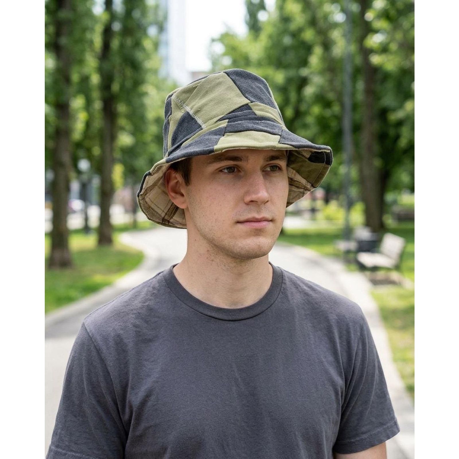 Other Green & Black Patchwork Bucket Hat, Upcycled Denim Cotton Size ONE SIZE - 1 Thumbnail