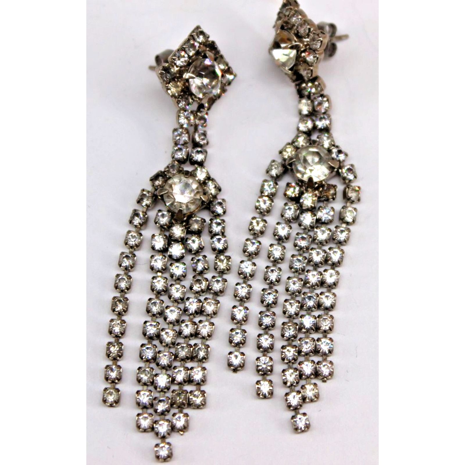 Other Vintage Mid Century Drop Earrings • Clear Rhinestone • 3" Size ONE SIZE - 2 Thumbnail