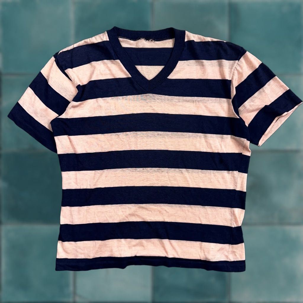 Essentials VINTAGE Blue Pink Rockabilly T Shirt 1970s Striped Crew Neck Short Sleeve Mens L Cotton Size US L / EU 52-54 / 3 - 1 Thumbnail