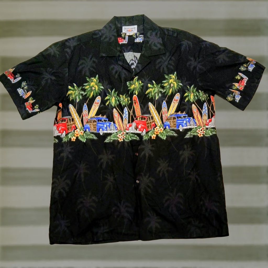 Vintage Vintage Pacific Legend Apparel, Inc. Hawaiian Shirt Mens L Black 100% Cotton Short Sleeve Button-Up Collared Beach Car Surfboard 90s Theme Size US L / EU 52-54 / 3 - 1 Thumbnail