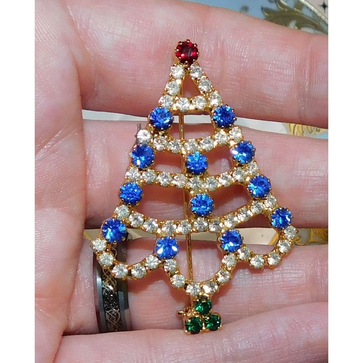 Other Vintage Christmas Tree Brooch Blue And Gold Tone With Rhines Size ONE SIZE - 1 Thumbnail