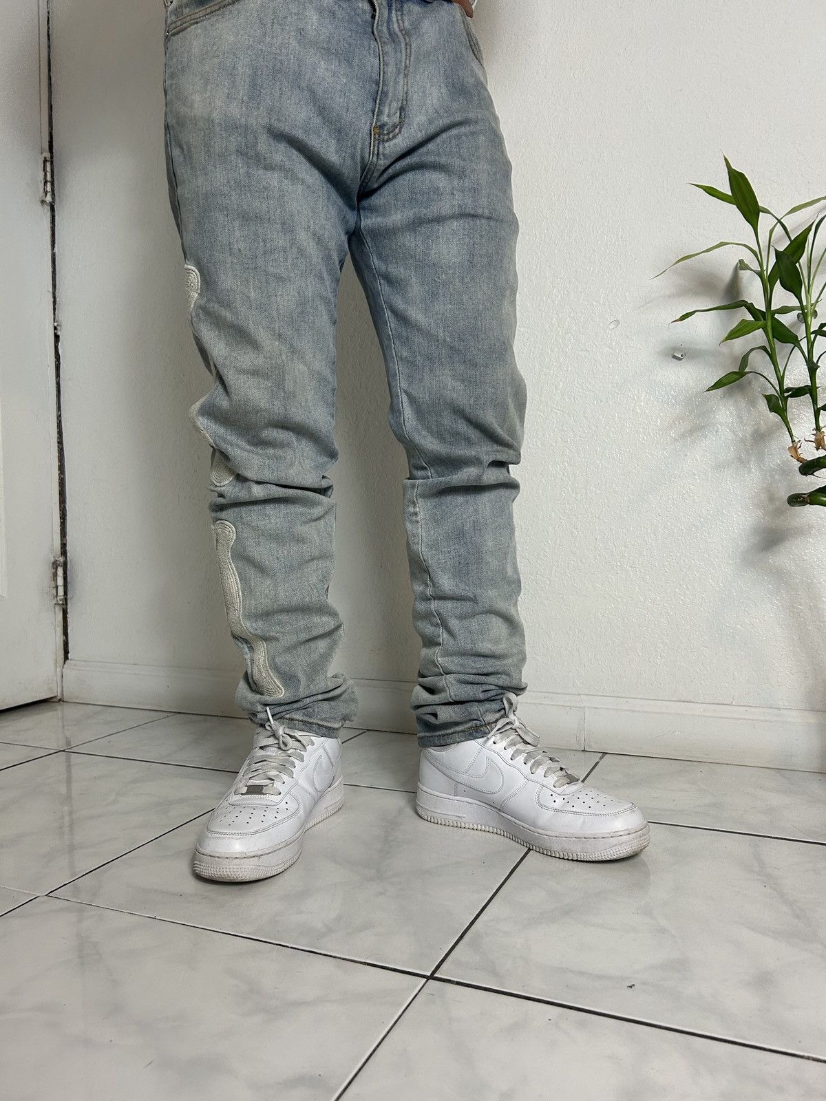 MNML Custom washed distressed denim jeans with skeleton bones Size US 36 / EU 52 - 5 Thumbnail